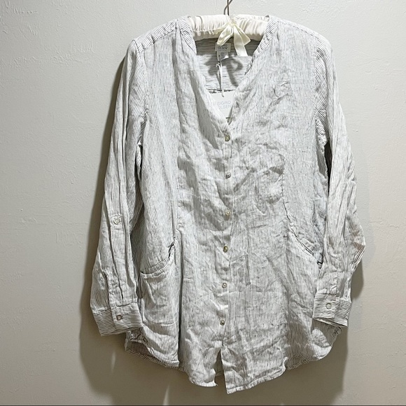 SIGRID OLSEN Women’s 100% Linen Striped Ivory Black Roll Tab Sleeve Tunic